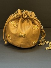 Vtg Soft Caramel Leather Small Bucket Handbag With Gold Bows Saks Fifth