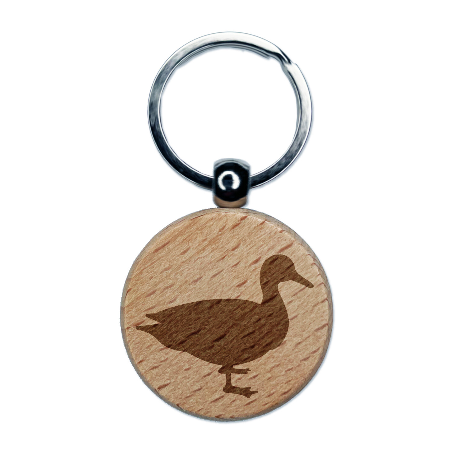 Duck Standing Solid Engraved Wood Round Keychain Tag Charm