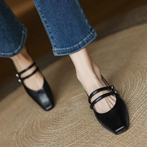 Damenschuhe Leder eckige Zehenpartie doppelte Schnalle Riemen niedriger Absatz Mary Jane - Bild 7 von 15