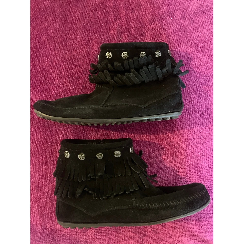MINNETONKA Gamuza Flecos Mocasín Botines Negro Talla 9 SUROESTE Zapatos Foto 2 de 4