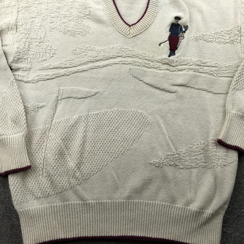 Suéter DE COLECCIÓN Eslabones de Ciprés Para Hombres XL Beige Cuello en V Golf Bordado Hecho en EE. UU. 90s Foto 4 de 4