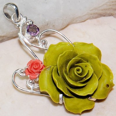 Natürlicher handgeschnitzter Blume Citrin 925 massiv Sterlingsilber Anhänger @B19-1