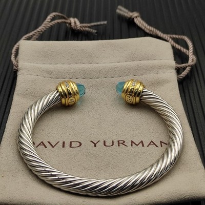 David Yurman 7MM Cable Cuff 925 Silver 18K Gold Blue Topaz Diamonds M