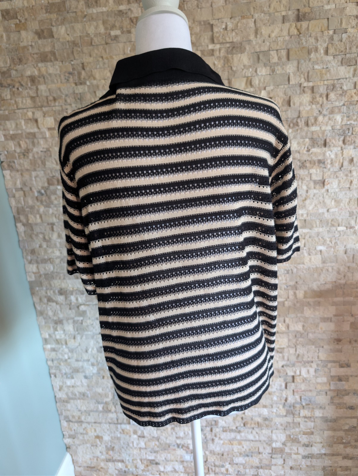 Women's Black Cream Textured Stripe Sweater Polo Open Knit Crochet Top Minimal image 3