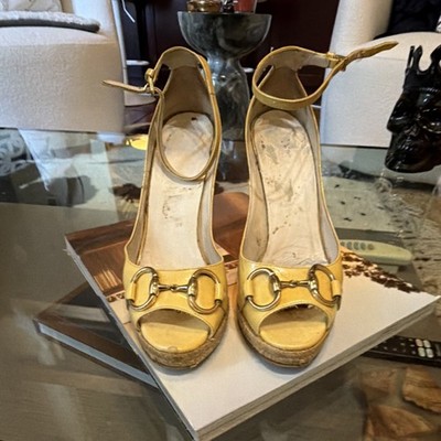 Gucci Yellow Patent Leather Espadrille Wedge Sandals, Logo Metallic Bit, Size 5