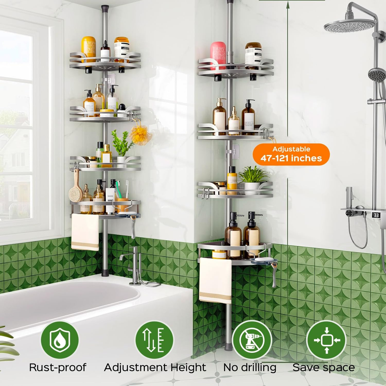 Shower Caddy Tension Pole：4-Tier Rustproof Bathroom Corner Shelf for Renters - 4