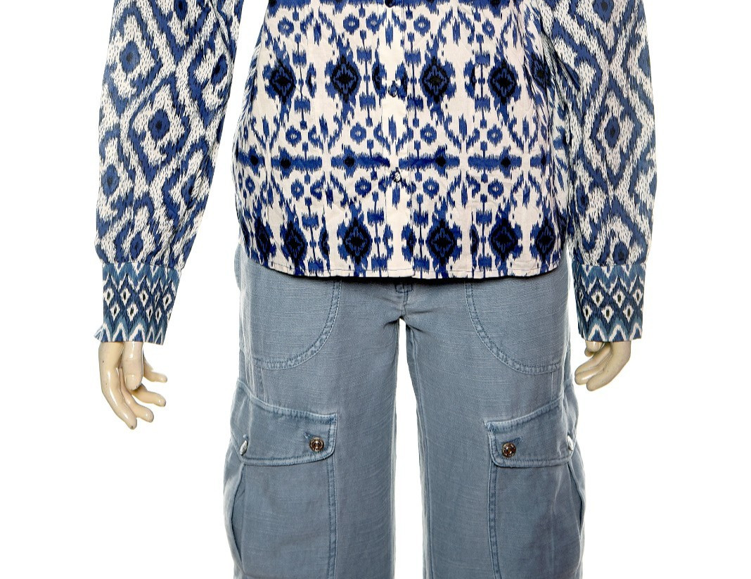 Sezane Boby Blouse Blue Ikat S 36 Women Printed Ruffle Shirt Boho Top NWT 45356