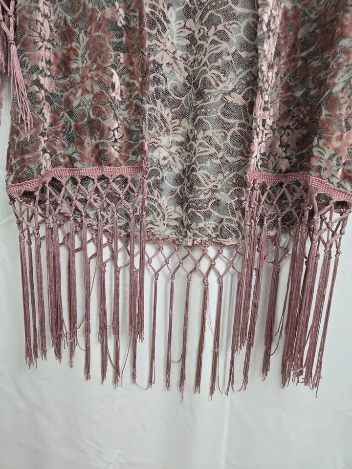 X-Pequeño Nuevo con Etiquetas Terciopelo Burnout Rosa Transparente Encaje Floral Kimono Plumero Con Flecos Foto 4 de 4