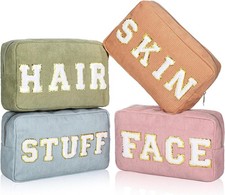 Pinkunn 4 Pcs Preppy Makeup Bags Chenille Letter Travel Morandi Color