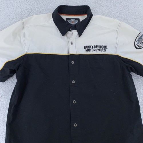 Harley-Davidson Shirt Mens Large Black White Racing Patch Button Up Motorcycles - Picture 2 of 8