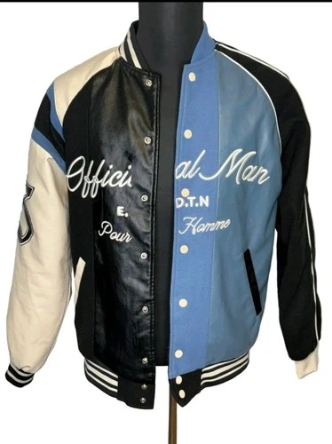 BoohooMAN Men's M Varsity Jacket Colorblock Black Blue White Button Lined - product listing photo