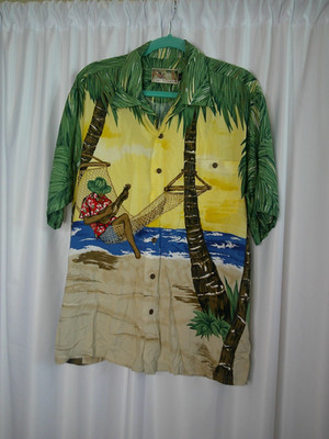 Tori Richard Hawaiian Aloha Shirt Large Hammock Ukulele Player Palm Tree