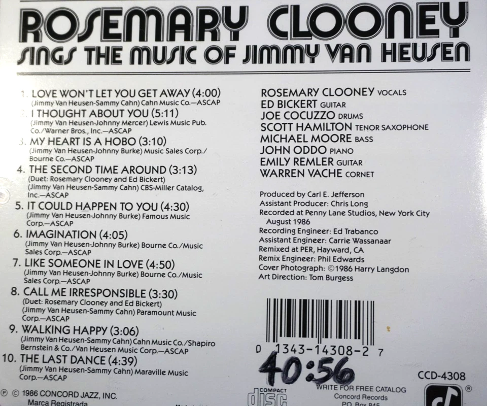 Rosemary Clooney - Canta la música de Jimmy Van Heusen - CD, en muy buena condición Foto 2 de 2