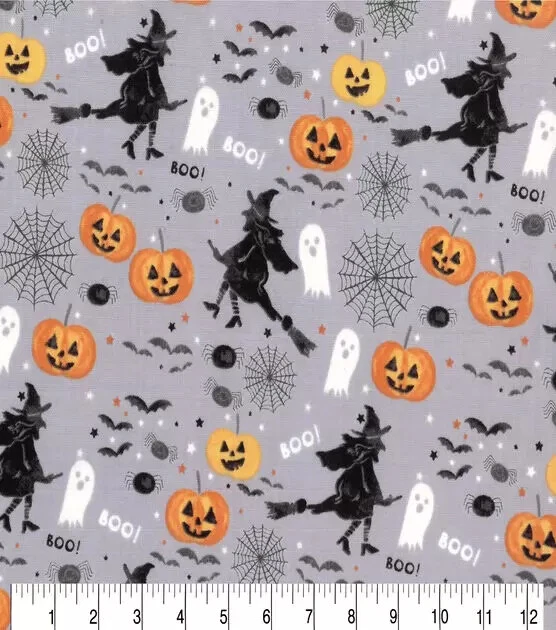 1/4 Yard 9”x42” Gray Witches Ghosts Pumpkins Halloween Cotton Quilting Fabric