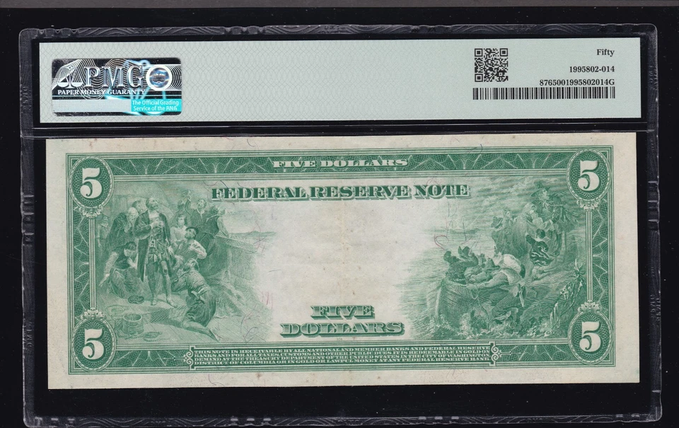 US 1914 $5 FRN Minneapolis Burke/MacAdoo FR 876 PMG 50 AU (251) - Image 2 of 2