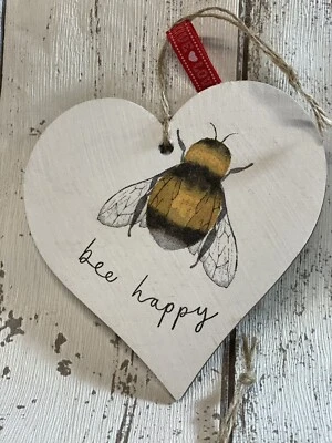 Cute Bee Happy Wooden Heart 12cm Door Hanger Keepsake Gift 🐝 Save The Bees