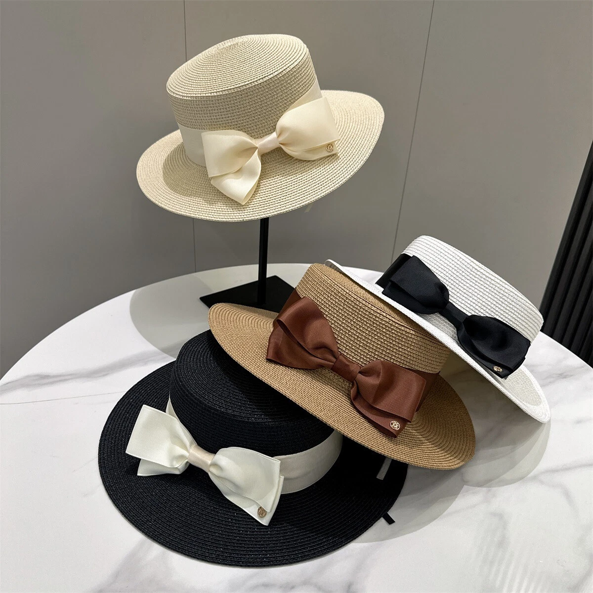 Womens Summer Straw Flat Top Hat Wide Brim Satin-bow-Ribbon Decor Beach Sun Cap