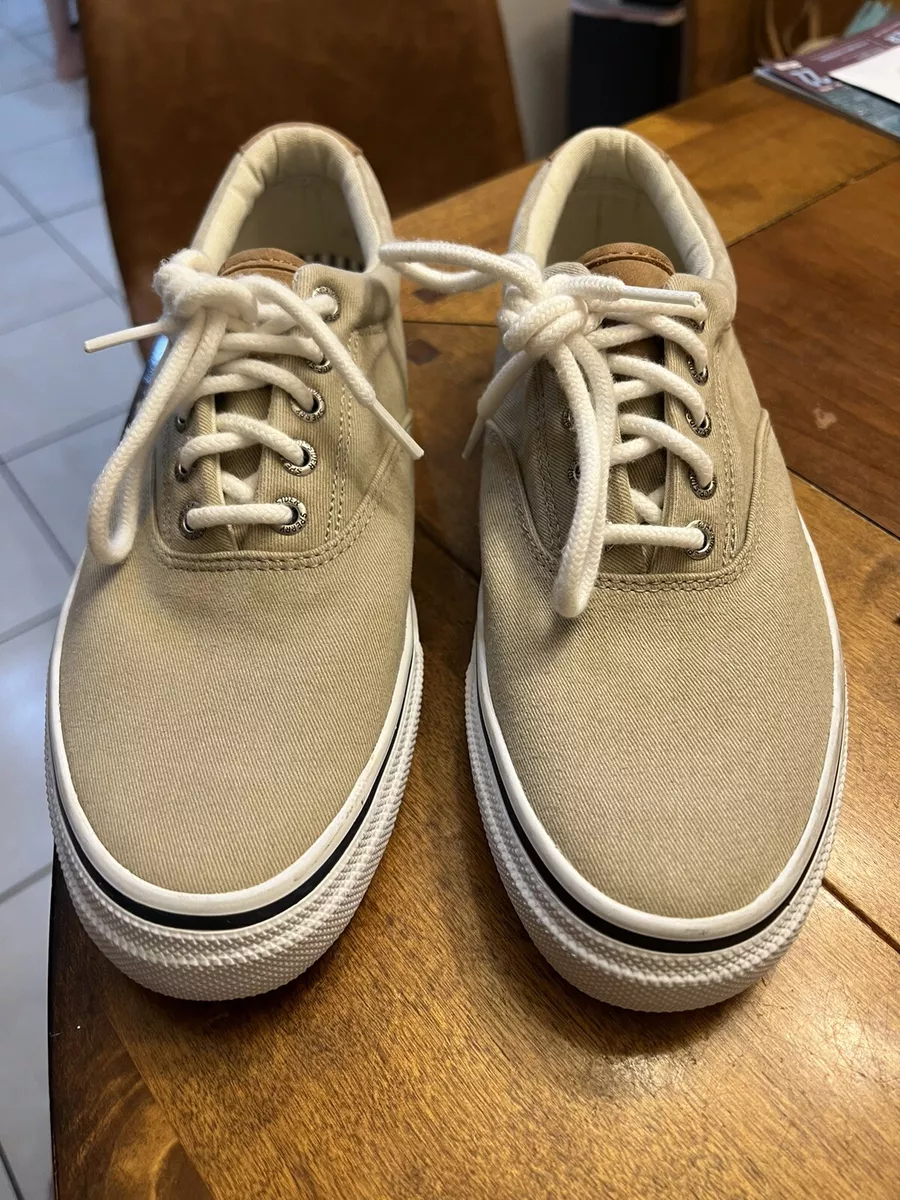 Sperry Men s Size 9 Boat Shoes Lace Up Top Sider Light Tan White And Blue