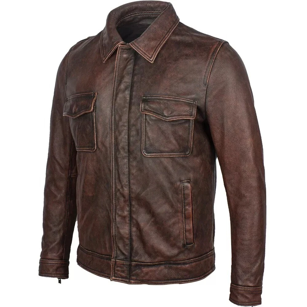 Vintage Brown Men American Casual Style Leather Jacket Cowhide Slim Fit Jacket