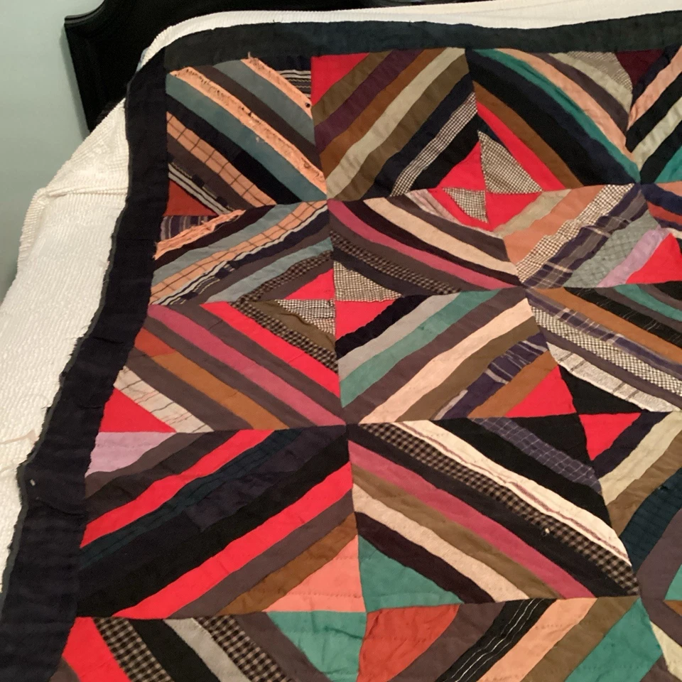 Edredón Crazy Courthouse Steps de lana oscura 80" x 68" tamaño completo CORTADOR Foto 3 de 4