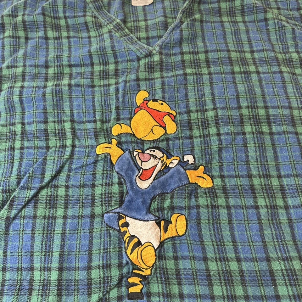 Vintage Disney Sleepwear Shirt Mens Large XL Blue Green Plaid Tigger Pooh 90s - Image 2 of 4
