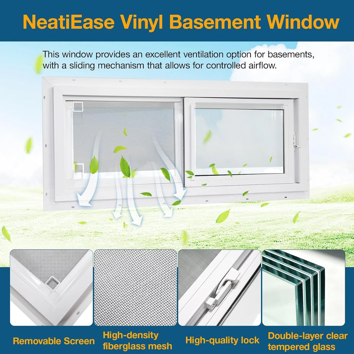 Ventana de sótano, ventanas correderas de vinilo de alta resistencia de 24" X 12"