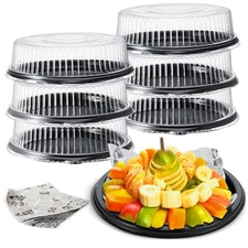 6 PCS 12 Inch Heavy Duty Black Plastic Round Serving Tray with Clear Lids