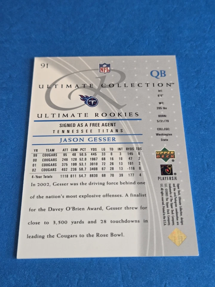 JASON GESSER  2003 UPPER DECK ULTIMATE COLLECTION BASE SET ROOKIE CARD #91 /750 - Image 2 of 2