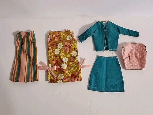 Vintage Barbie Doll Sew Free Floral Dress Teal Jacket Skirt Top Clothes 5 Pc Lot