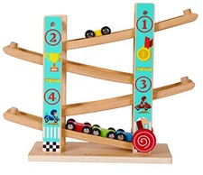 Pure Wooden Zig Zag Car Ramp - Slide Run with 4 Cars Playset - Click Clack