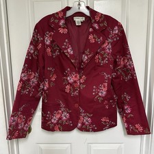 Coldwater Creek 3 Button Lined Jacket Sz M Red Embroidered Floral Cotton Stretch