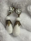 Vintage Signed Miriam Haskell White Milk Glass Beaded Earrings Gold Tone