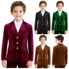 Kids Boys Gentleman Velvet Blazer Notch Lapel Long Sleeve 3 Button Tuxedo Jacket