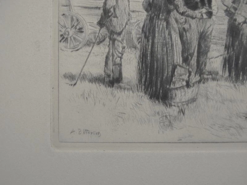 Kuhhandel Bauern mit Kuh Kalb Albert Bitterlich signierte Radierung 1. H. 20.Jh. - Bild 3 von 4