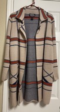 Oliver O Women’s Tan Navy Orange Open Front Wool Blend Cardigan Jacket Size M