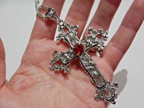 SILVER TONE GOTHIC CROSS red glass rhinestone large crucifix necklace pendant V4 - Picture 4 of 5
