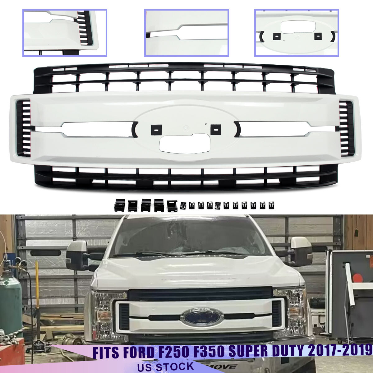 For 2017-2019 Ford F-250 F-350 F-450 Super Duty Front Bumper Grille Oxford White