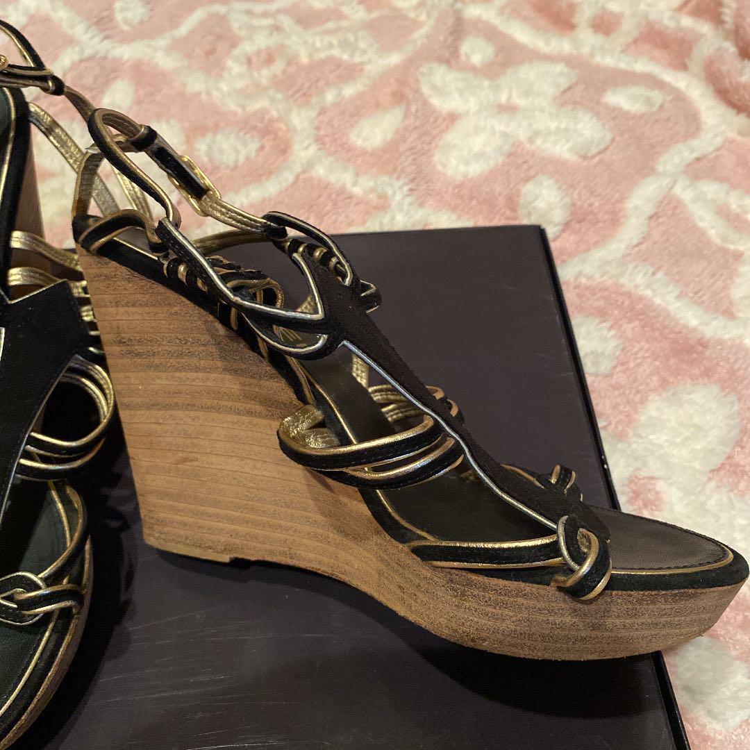 CHANEL CC Logo Black Gold High Heel Slingback Sandals EUR36 CHANEL CC Logo Black Gold High Heel Slingback Sandals EUR36