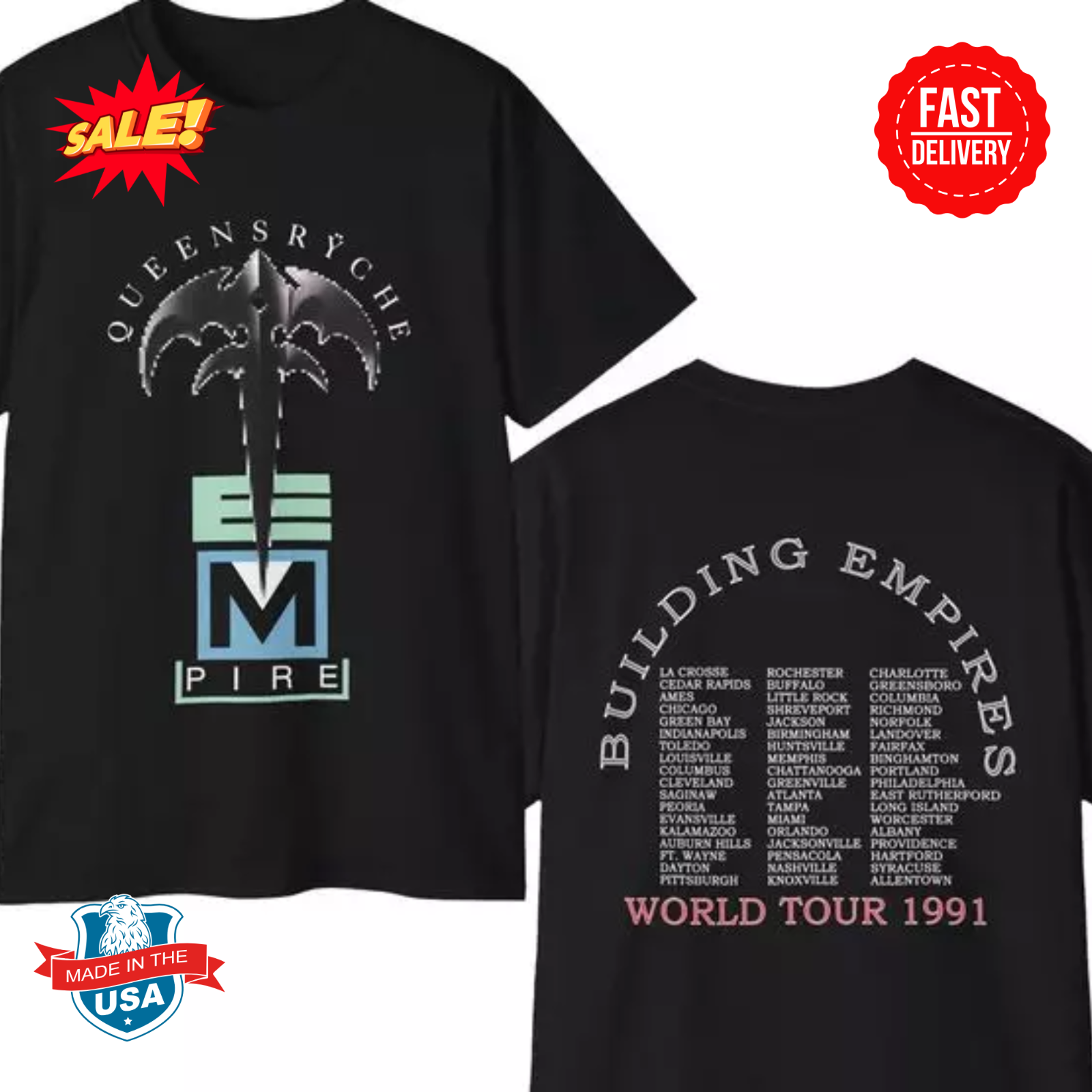 Rare Vintage Queensryche 1991 Building Empires World Tour Tee Available in Sizes S to 5XL for Collectors and Fans