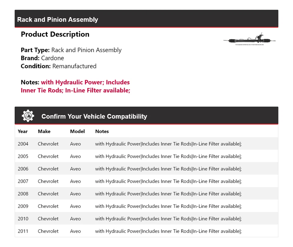 Conjunto de piñón y cremallera para Chevrolet Aveo 2004-2011 Cardone 2005 2006 2007 Foto 2 de 4