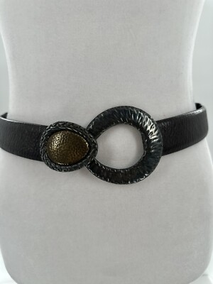 Chico's Belt Adjustable Brown Leather Hook Silver Gold Tone Big