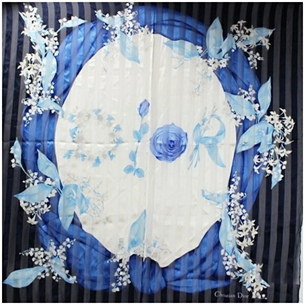 Authentique foulard Christian Dior en soie motif floral blanc x marine occasion rang AB
