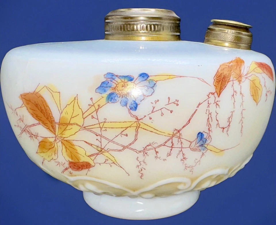 Hanging Kerosene Lamp 14" Shade and Font Matched Pair Blue Brown Floral or Oil - Image 4 of 4