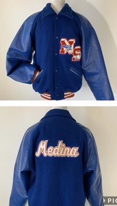 Varsity Jacket Medina NS Blue Red Leather Wool Mens Large Vintage Letterman | eBay