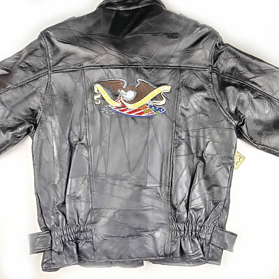 NWT Genuine Leather Brand Black Motorcycle Jacket Size M God Bless America Patch