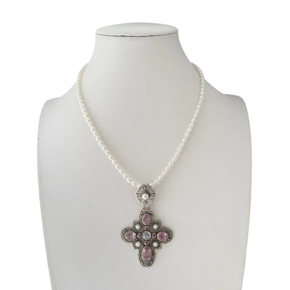 Nicky Butler Pink Quartz Pearl Moonstone Sterling Silver Cross Pendant Necklace - Image 4 of 4