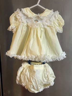 Vintage Baby Bliss, Bryan Yellow Lot 5pc Lace Gowns Romper Bloomers NB-6M USA