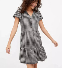 Loft Sz M Cottagecore Gingham Plaid Mini Tiered Swing Dress Black Cream       BT