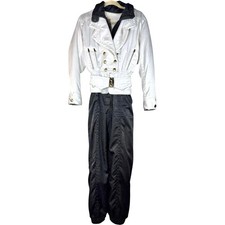 Vtg 80s Metallic Ski Suit Black White Belted One Piece Apres Ski Sz 8