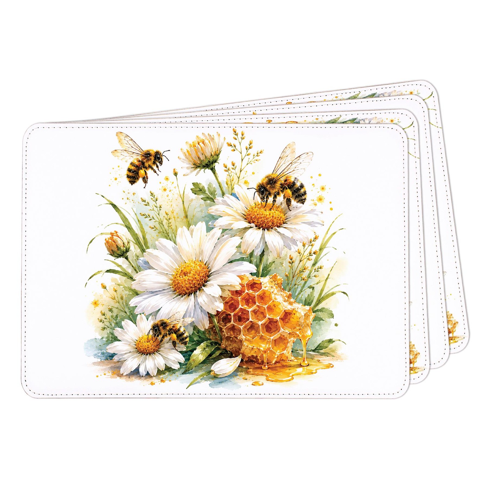 Daisy Bees Faux Leather Placemats - Wipeable Dining Table Mats, Set of 4